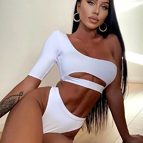 

Hot Selling Short Sleeve Swimwear Two Pieces Irregular One Shoulder White Solid Swimming Costume Girls Swim Suit