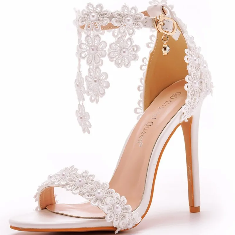 

Dropshipping Custom Logo White Lace Party Thin High Heeled Sandals Shoes Women Wedding Dress Lady Heels