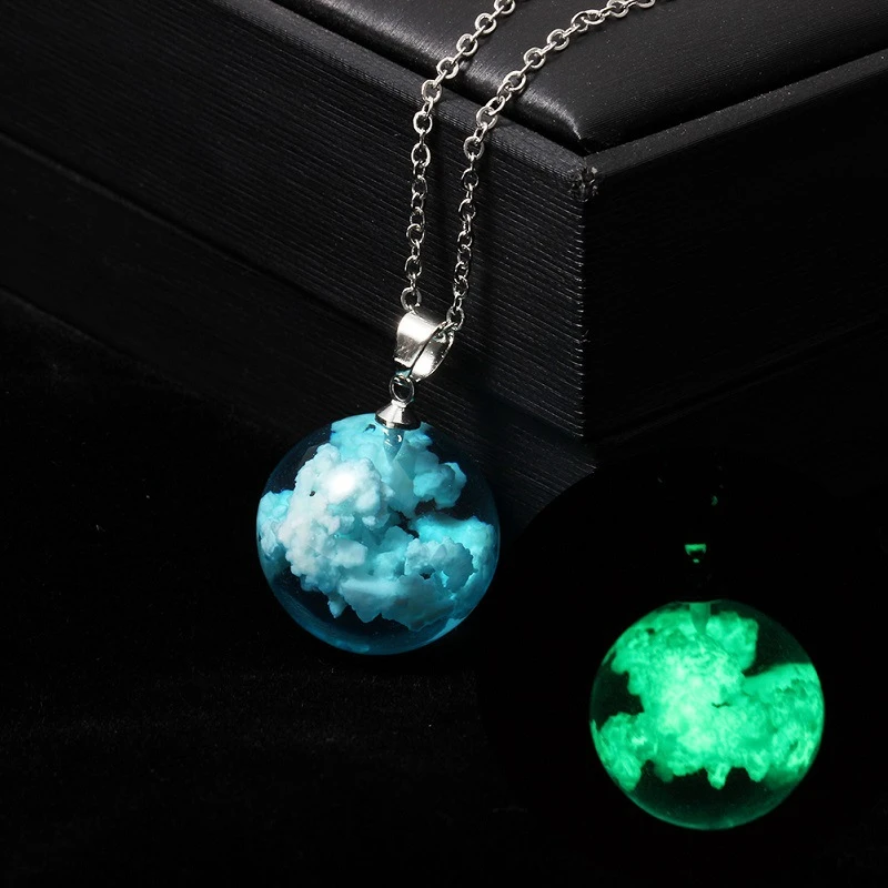 

Glass Necklace Circle Pendant Blue Clear Sky White Cloud Silver Chain Glow In The Dark Necklaces, Picture