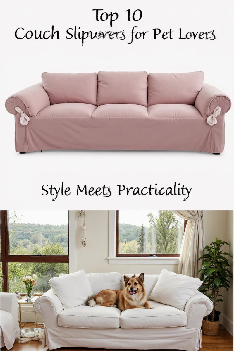 Living room with pet-friendly couch covered in slipcover