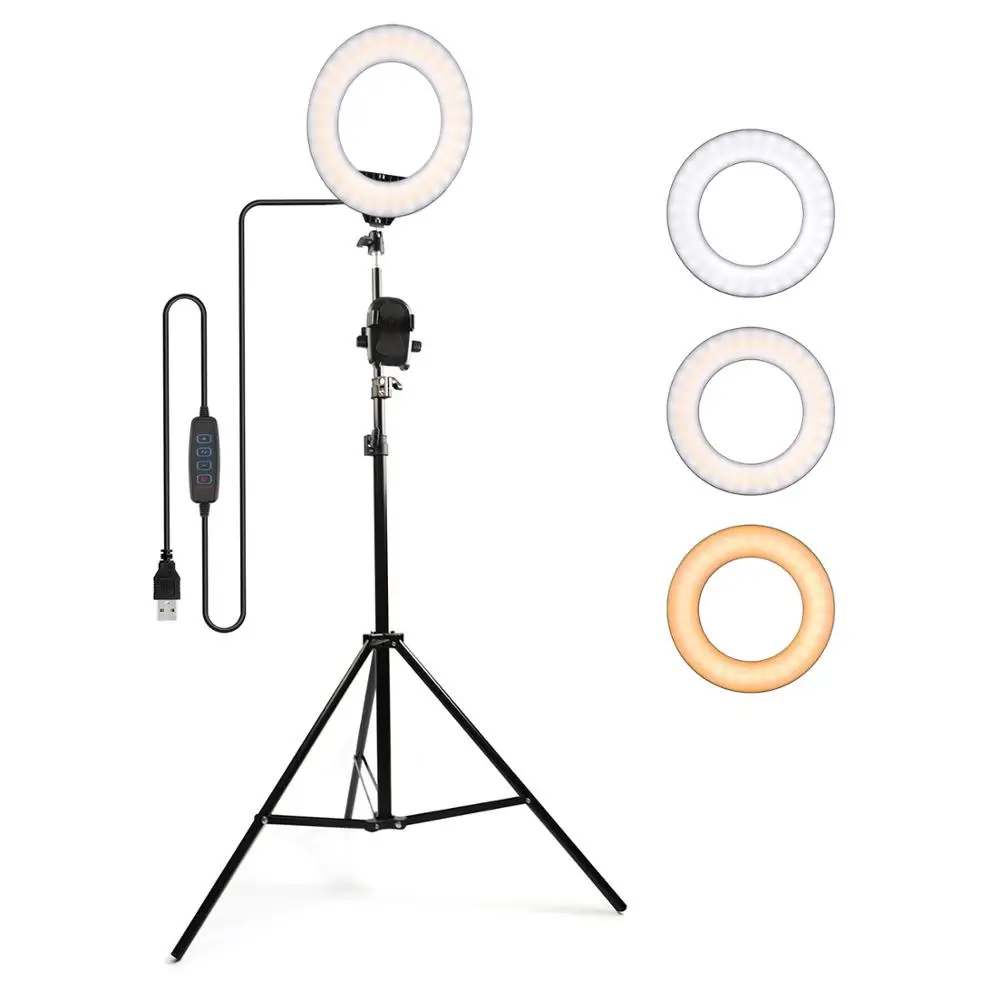 Dimmable 20cm/8 inch Selfie Ring Light With Tripod And Mobile Phone Clip For Live Stream, Make up