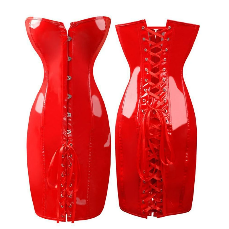 

Sexy Long Corset Dress Wetlook PVC Leather Steampunk Lace Up Waist Corset and Bustier Bodycon Slim Body Shaper Corsets Clubwear