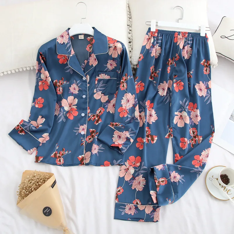 

Hot style women's sleepwear pajamas set floral satin pajama button down Silk pants Sleepwear, Refer to the picture