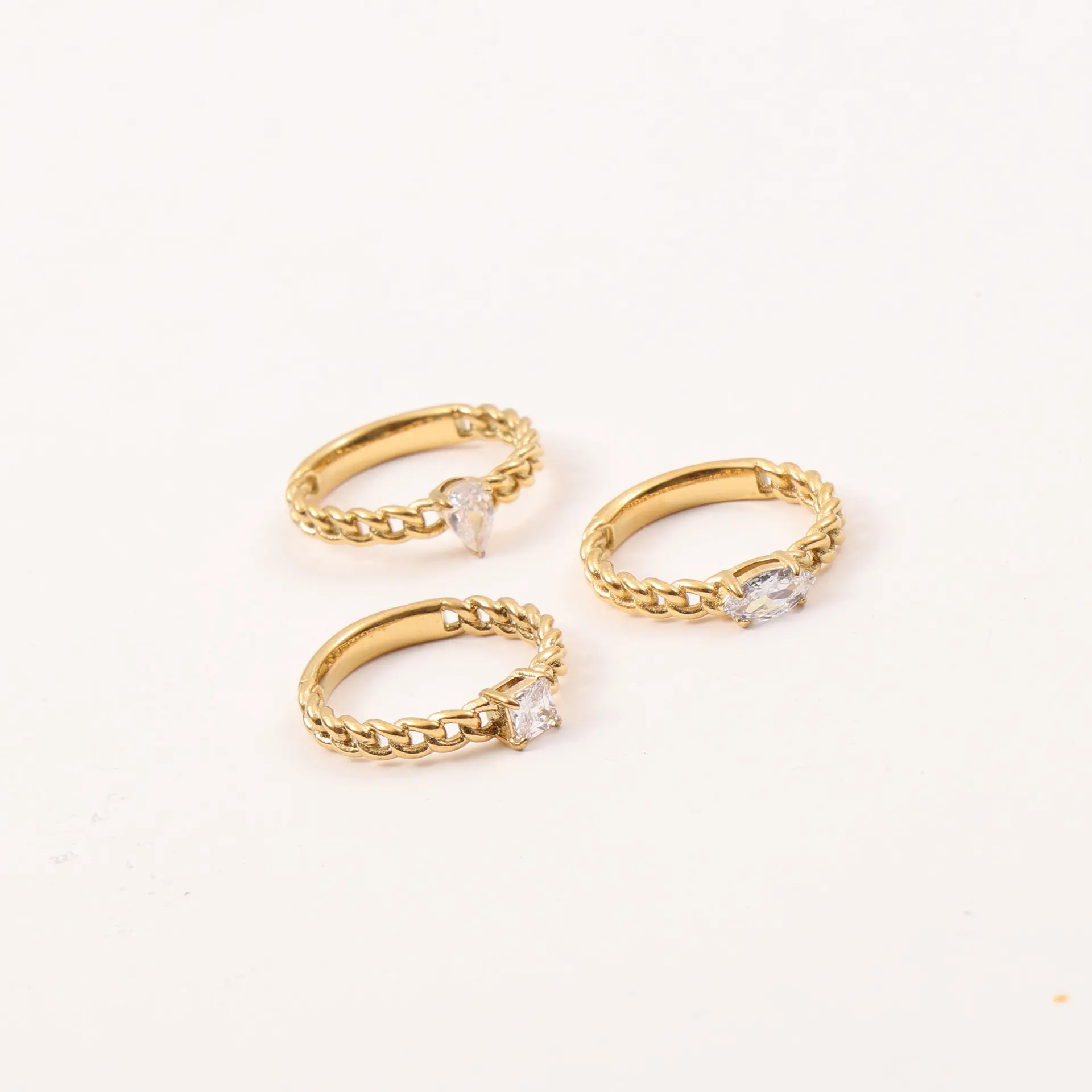 

Joolim Stone Not Fall 18K Gold Plated Link Chain Square Tear Drop CNC Zirconia Stainless Steel Chunky Stainless Steel Rings