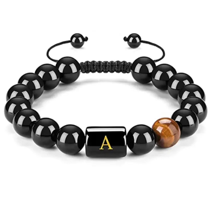 

SC Handmade Braided  Rope Alphabet Initial Bracelet Jewelry 10mm Natural Obsidian Tiger Eye Stone Mens Beaded Bracelet, Black