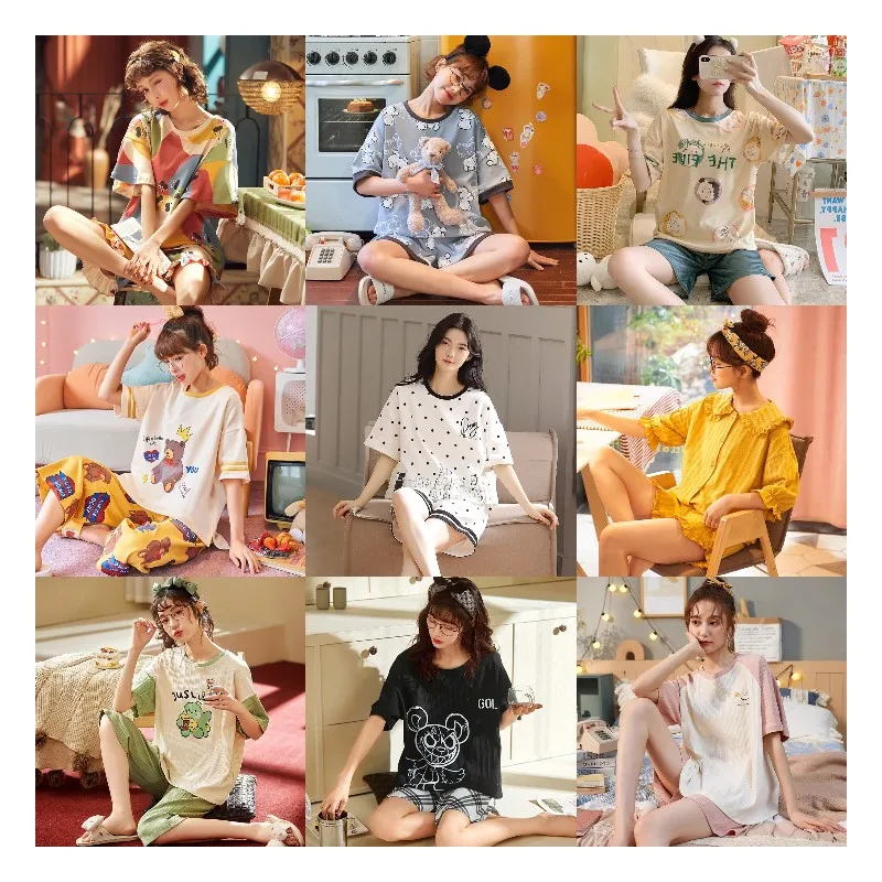 

Wholesale Sexy Sleepwear Custom Printed Pattern Pajamas Short Sleeve Women Cotton Pajamas