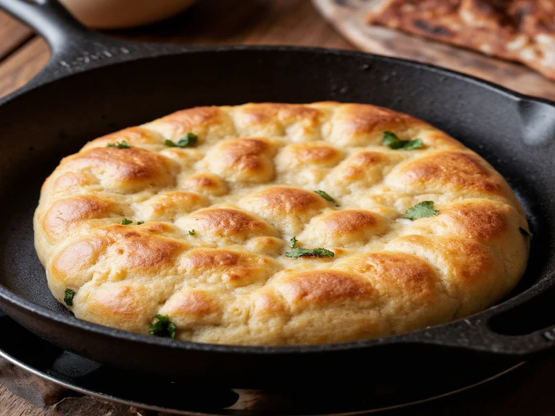Homemade naan bread bubbling on cast iron