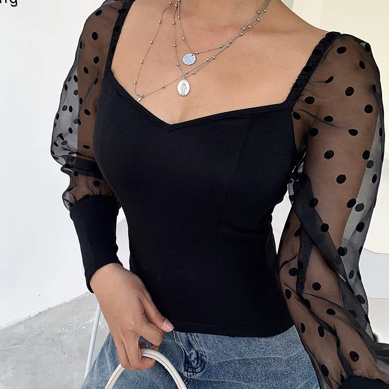 

Patched Mesh Sheer Long Sleeve Blouse Polka Dot Fancy Fall Tops women, Customized