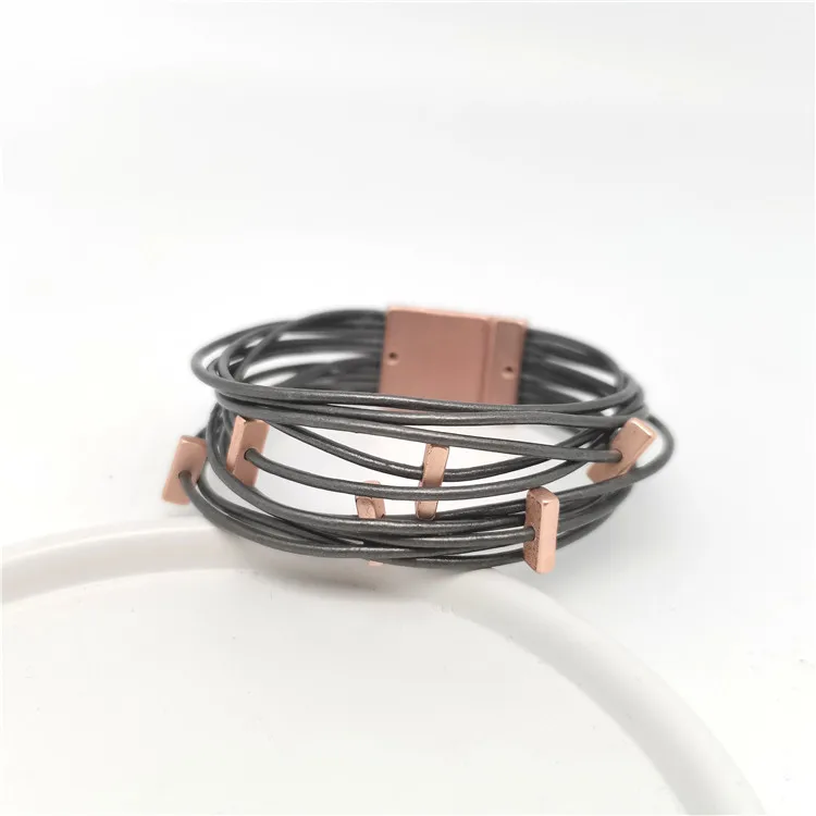 

High quality alloy custom jewelry handmade cuboid pattern shape multilayer leather bracelet