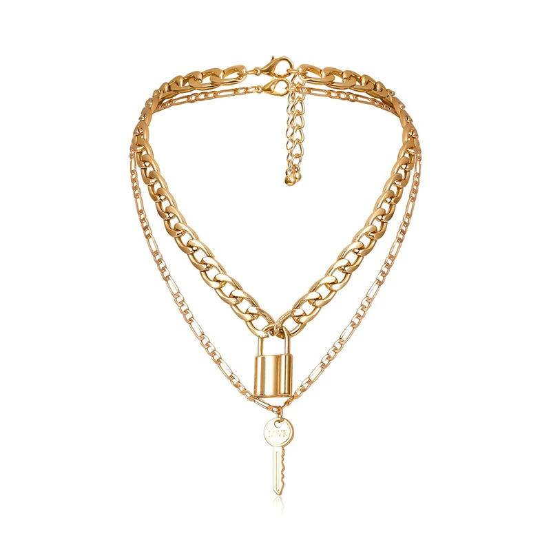 

HIP Jewelry Creative Vintage Fashionable Double Layer Chain Necklace Set Punk Silver Plated Lock Key Pendant Charm Necklace, As photo