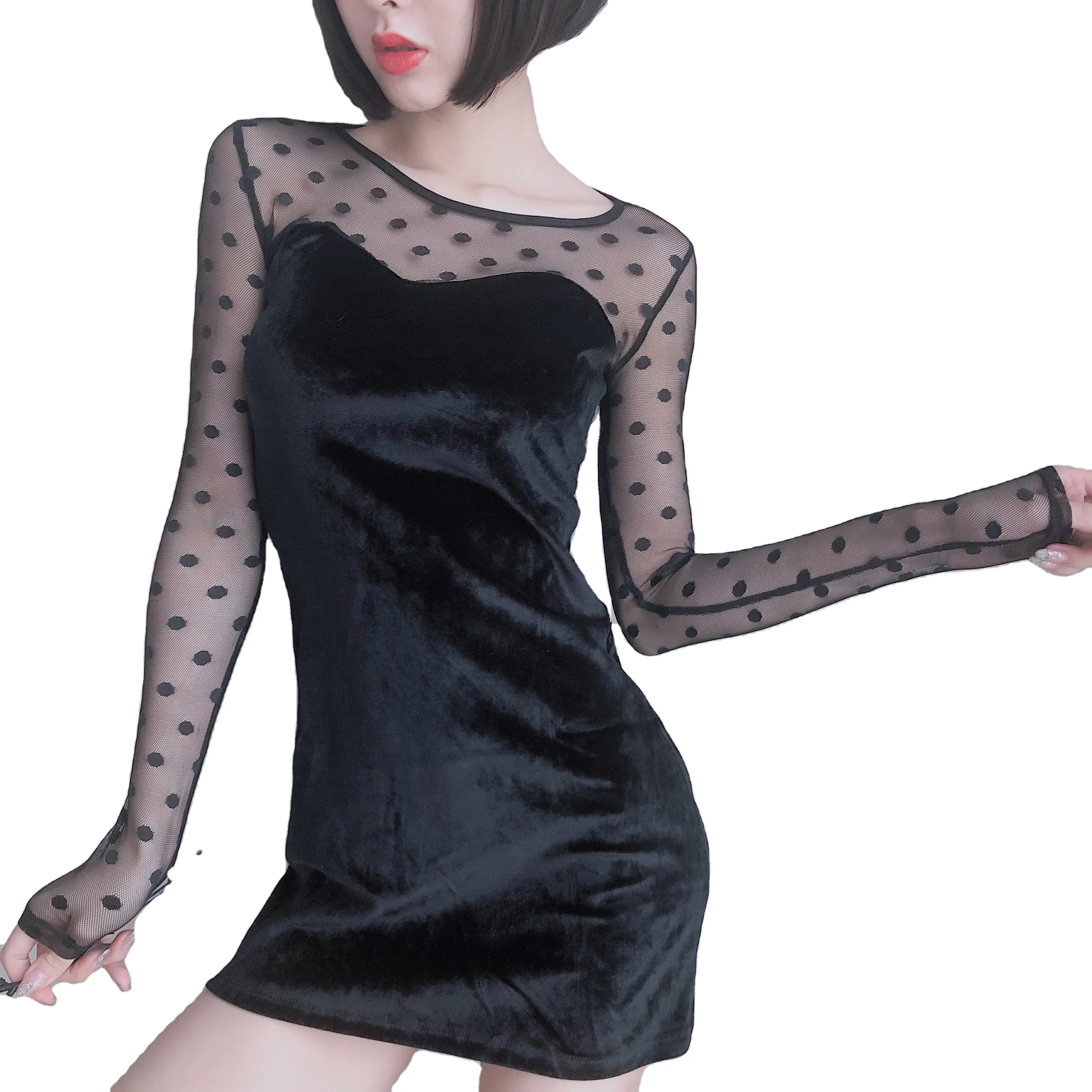 

Hot Sale Net Gauze Splicing Sexy Backless Underwear Female O-neck Slim Mesh Mature Short Nightdress Lingerie Costumes For Women, Black