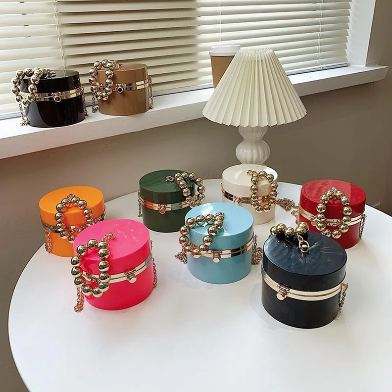 

XP1706 Famous Brand Women Metal Beads Strap Shoulder Bag Box Bolsa Chain Handbags Acrylic PVC Messenger Round Purs