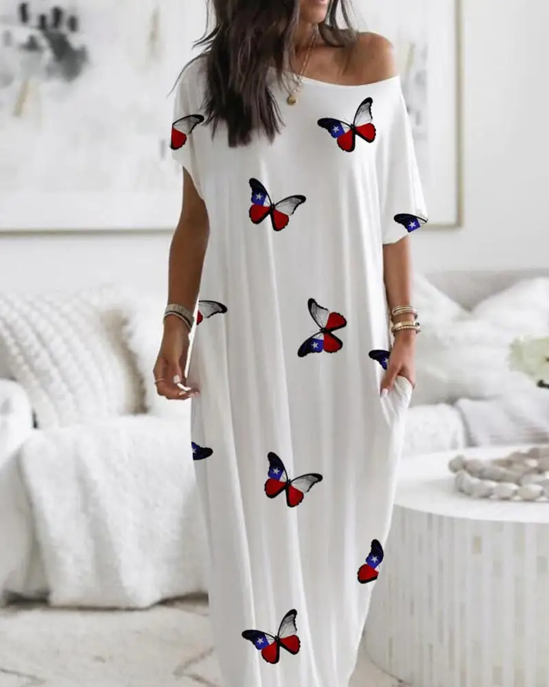 

Ladies Elegant Butterfly Short Sleeve Long Dress Plus Size Loose Casual Beach Dress