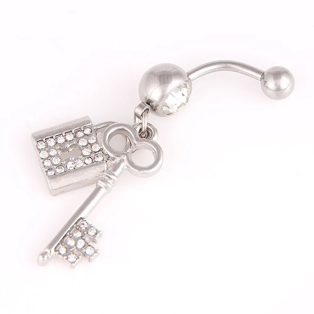 

wholesale Key Lock Shape Bar Barbell Navel Piercing Ring Surgical Steel dangle Belly Button Ring Body Piercing Jewelry, 3 colors, optional