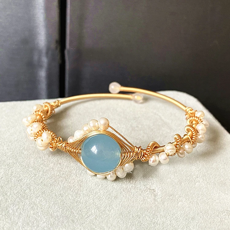 

Fashion handmade jewelry fresh water pearl bracelet 14 K gold Bangles Vintage opening aquamarine Hand winding beaded bracelets