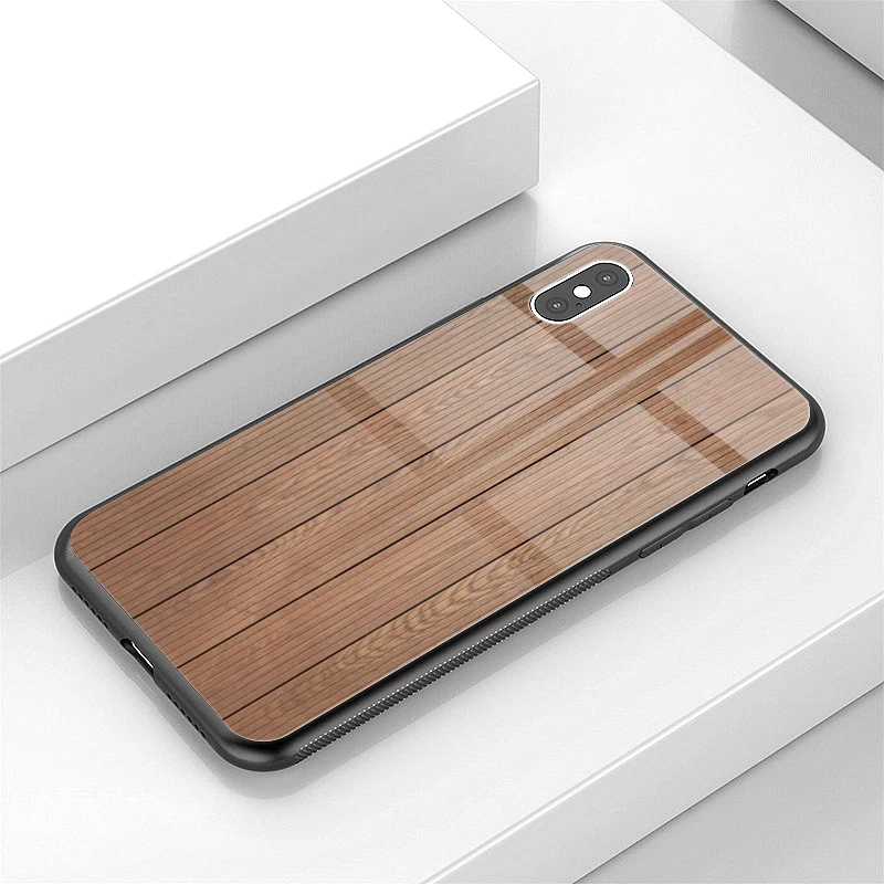 

For iPhone 12 11 7 8 Glossy Glass Phone Case Print Wood Board Mobile Cover Hard Protective Mobile Cover, Black