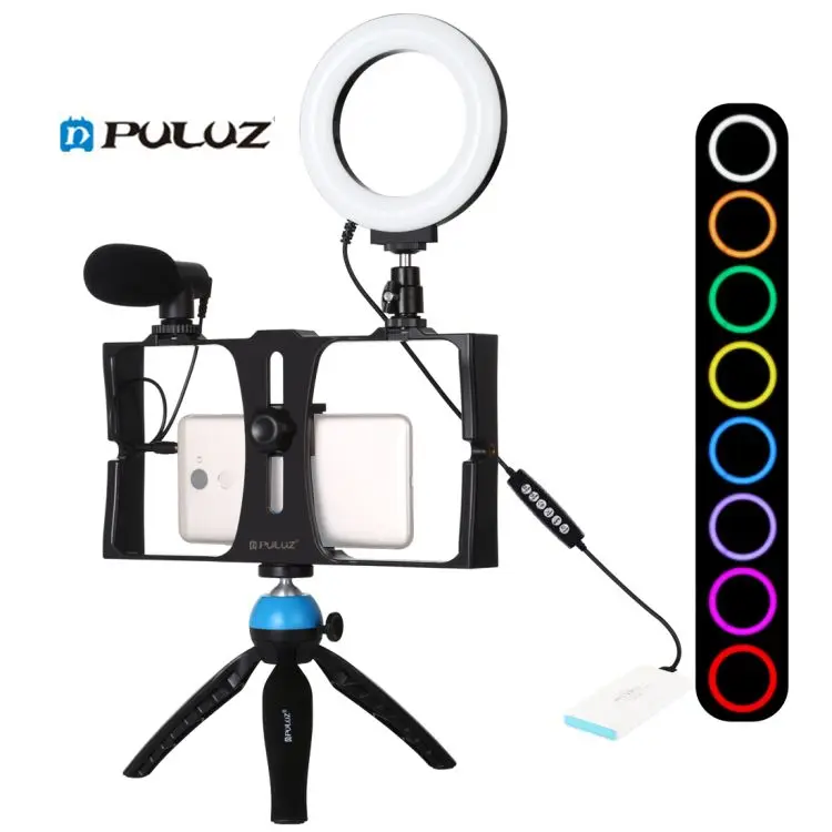 

Portable PULUZ 4 in 1 vlog video live streaming Kits 4.7 inch RGBW LED Ring Light with Phone Holder Microphone mini Tripod