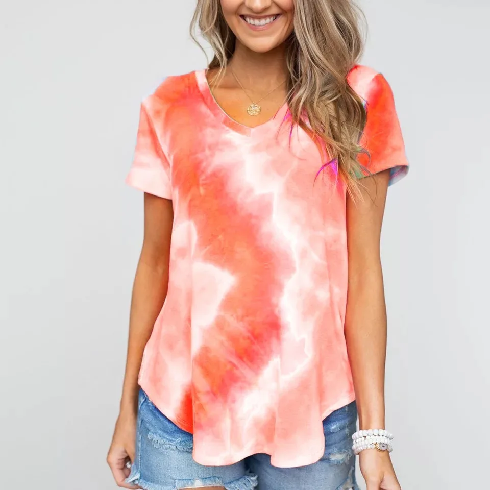 

Plus size women short sleeve casual v neck tie dye T shirts, Customized color