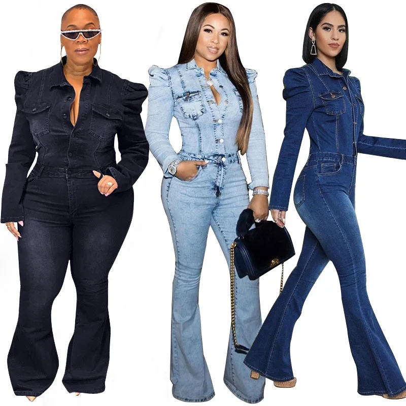 

Plus Size Washed  Denim Suits Flare Bell Skinny Jeans withCopper Button Tops Women Denim Jumpsuit