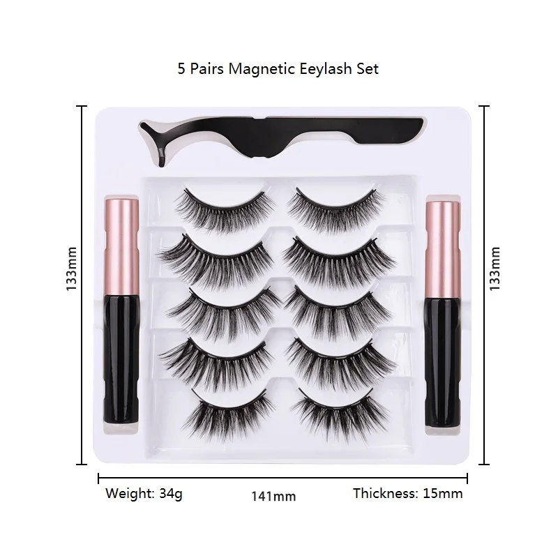 

Private label 2pcs eyeliner 5pairs false eye lashes kit magnetic faux mink eyelashes, Natural black