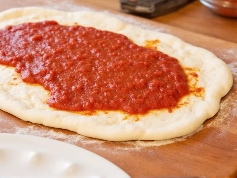 Spreading homemade pizza sauce on stretched dough