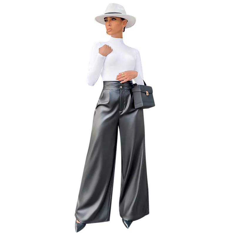 

2020 fall women high waist pants women casual wide leg pants fashion leather pants