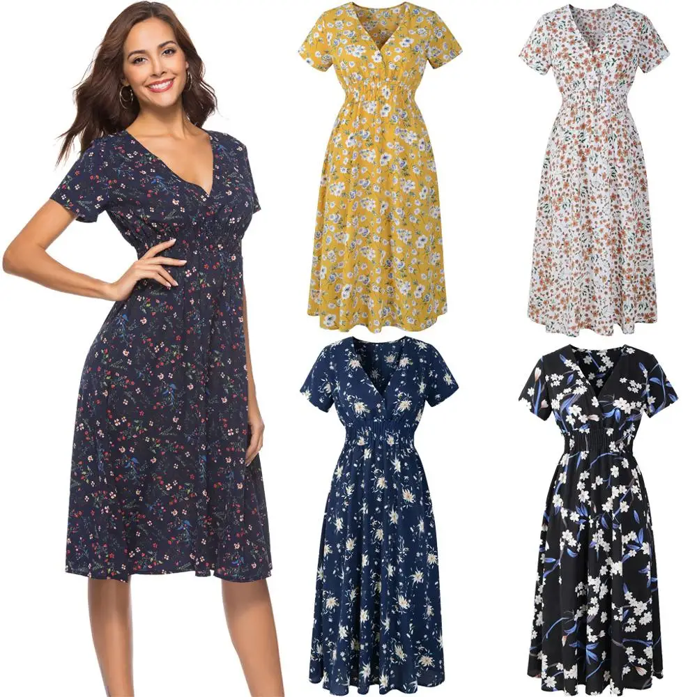 Elegant V-neck Women Summer Dress High Waist Floral Print Female Long Loose Lady Summer Wrap Casual Dress