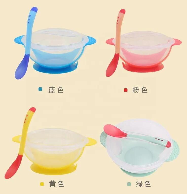 

Baby Sucker Bowl Children's Tableware Baby Learning Dish with Bowl Set PP Temperature Sensing Baby Feeding Bowl Spoon Dishes