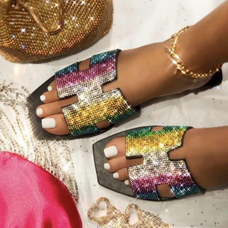 

New stylish bling ladies sandals woman custom rhinestone jelly sliders slippers multicolor, As pic