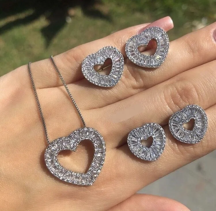 

pave baguette diamond iced heart earrings necklace jewelry set