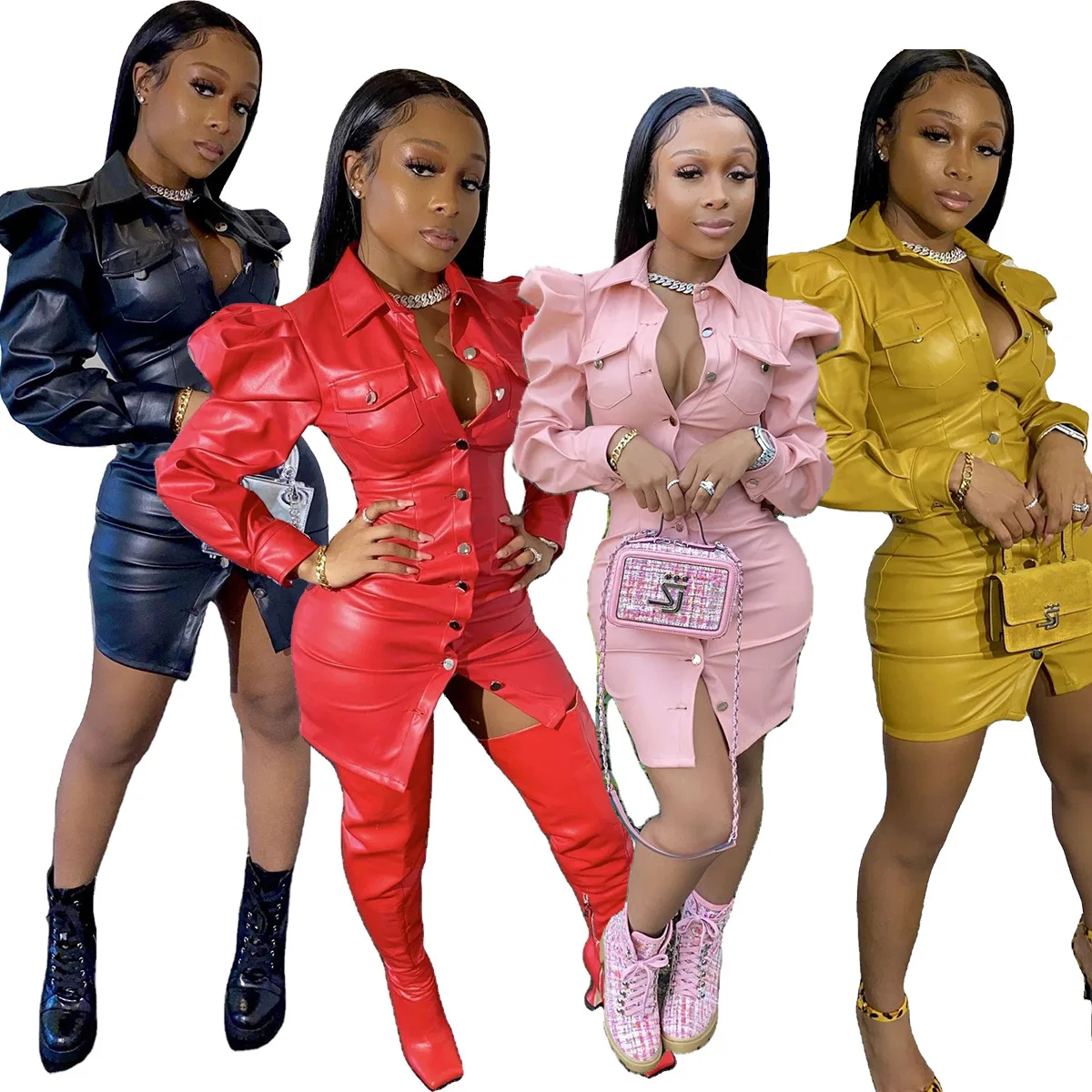 

Free Shipping C11186 - Fashion Bandage Leather Long Sleeve Dresses Women