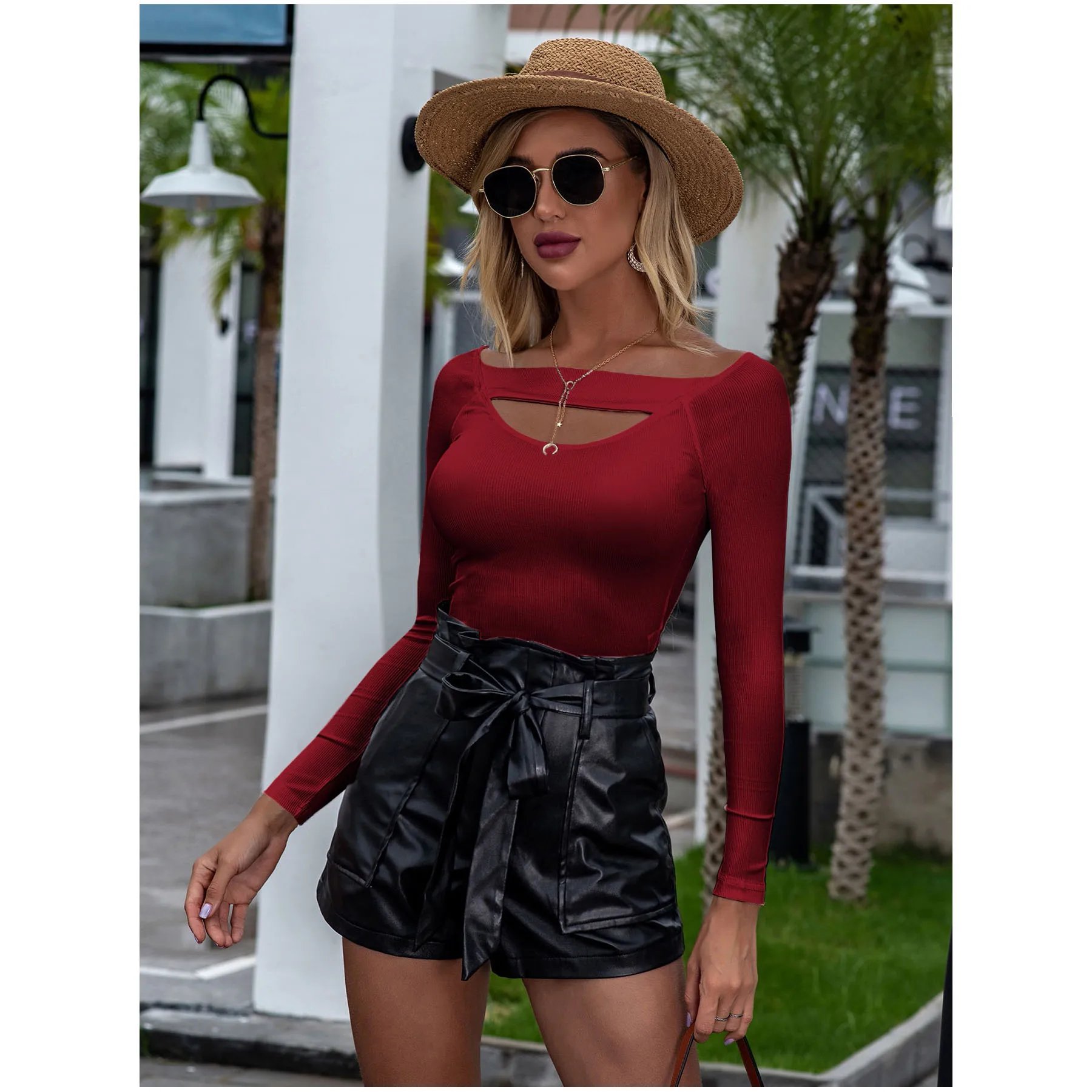 

2021 Hot Selling Women's Casual Blouses With Hollow Design Slim Sexy Shirt With Multiple Color Options