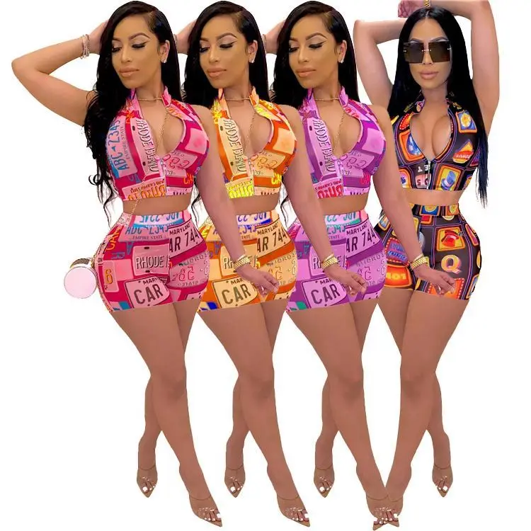 

Aurora High Quality Summer Sleeveless Print Short Pants 2 Piece Set Womens Two Piece Set 2021 Two Piece Women Clothing