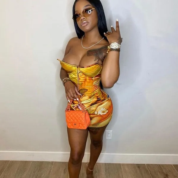 

X02161C Pattern Print Zipper Corset & Mini Skirt Two Piece Set Women Strapless Skinny Sexy Club Party Clothes Hot Street Outfits