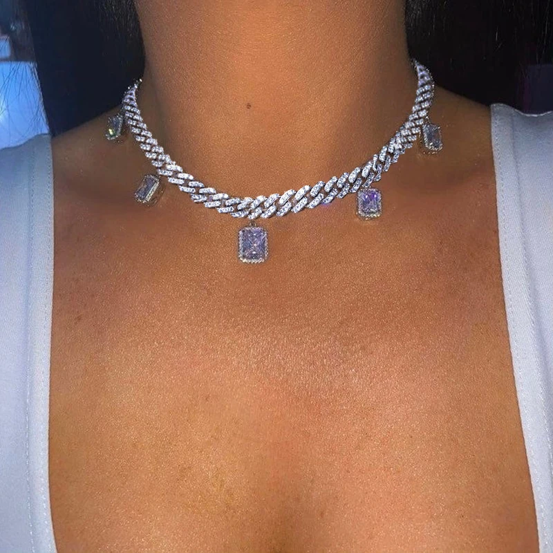 

New Hiphop Red Gemstone Square Crystal Rhinestone Pendant Cuban Tennis Chain Necklace, Silver gold