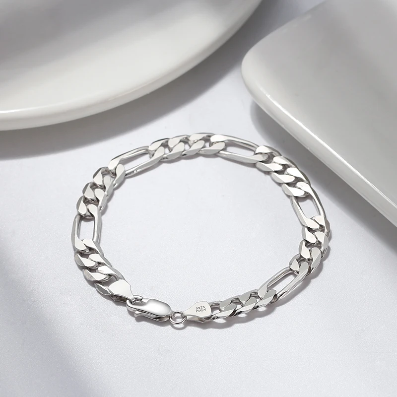 

RINNTIN SB108 Hiphop Chain Jewelry Solid 925 Sterling Silver Italian 6.5mm Diamond-Cut Figaro Link Chain Bracelet for Men Women