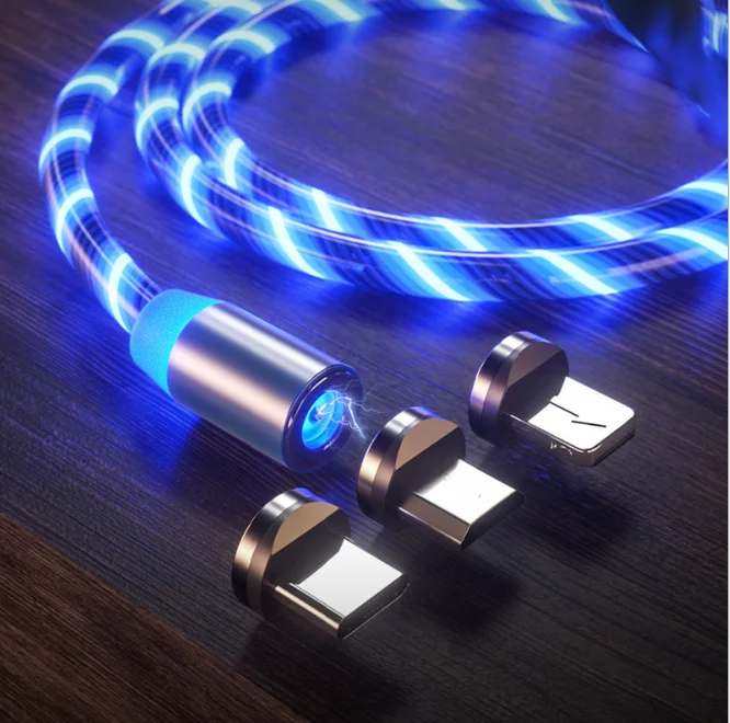 

3 in 1 LED Glow Flowing magnetic Charger usb led cable Micro USB Type C 8 Pin Charging for Phone all in one magnet Cable
