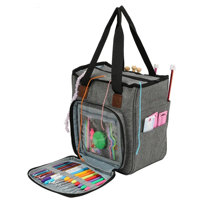 

Knitting Bag Yarn Storage Crochet Hooks Knitting Needles Tote Crochet Yarn Organizer, Purple, blue and grey