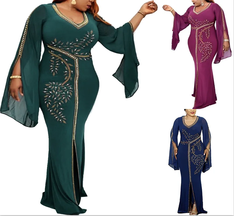 

New Fashion Muslim&american&turkey Women Abaya V Neck Sexy Lantern Sleeve Robe Rhinestone, As showed