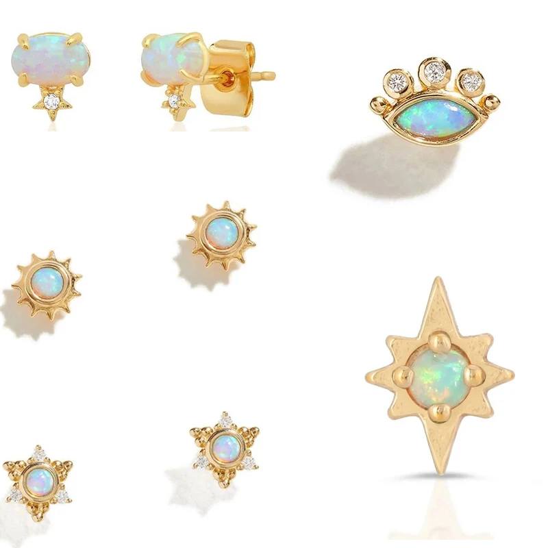 

Delicate tiny handmade 925 sterling silver jewelry gold plated opal cz evil eye star sun stud earrings for women, Picture