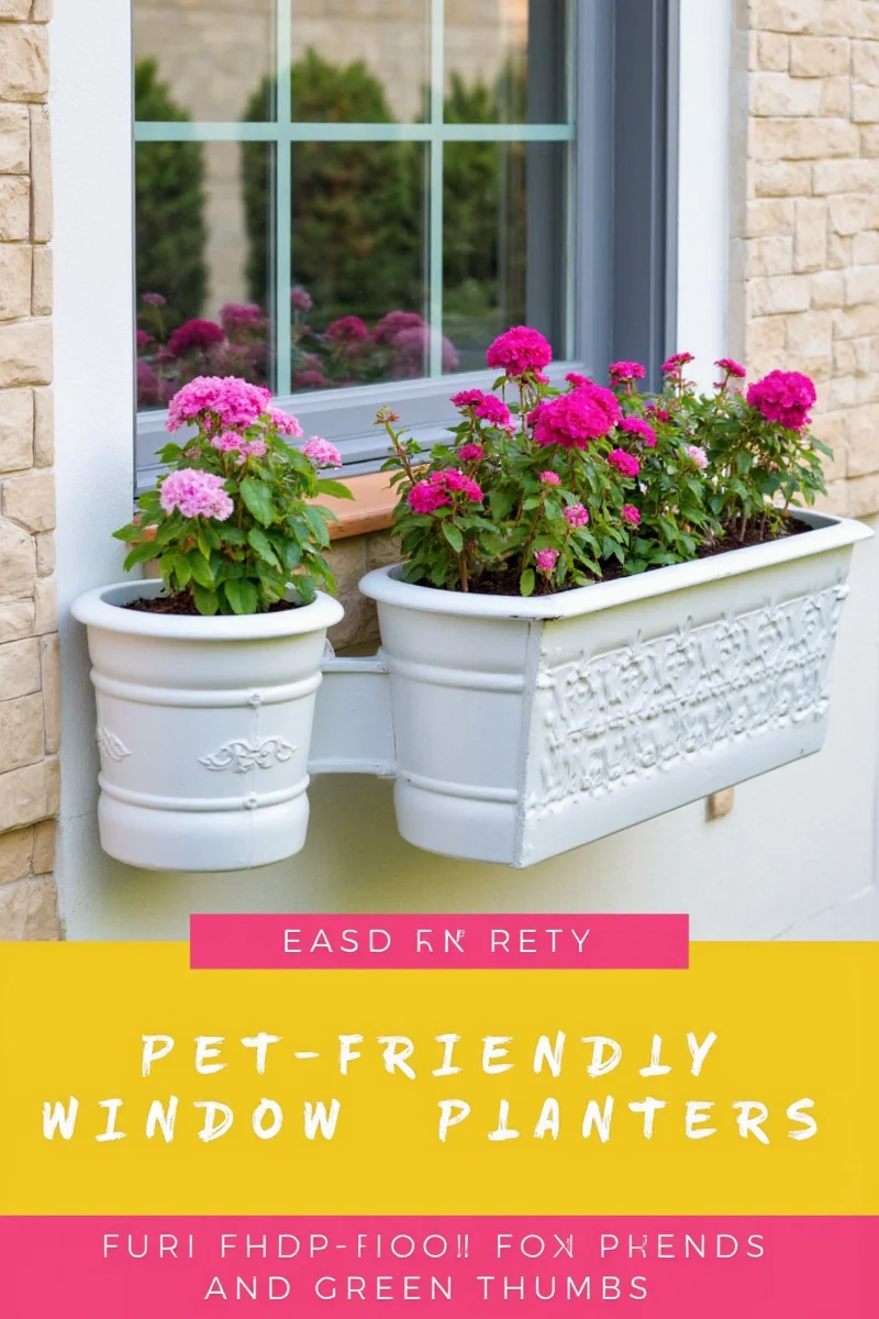 Vintage metal window boxes filled with flowers, below which sits a wooden bench for pets