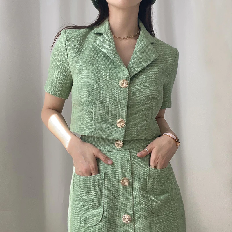 

Wholesale 2021 Summer New Casual Loose Style Elegant Lapel Tweed Small Suit Jacket and High Waist Chic Button Skirt Women's Sets