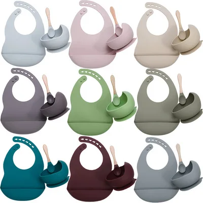 

3-piece set food grade baby silicone Suction Cup bib bowl spoon Set, Red, grey,blue,pink, khaki, green, purple