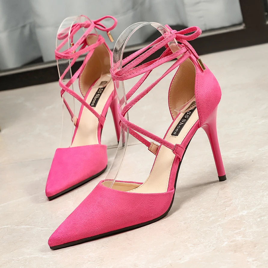 

200-7 No.55 Shoes Fashion in Europe and the suede tip cross strap bowknot heels nightclub sexy fine documentary shoes