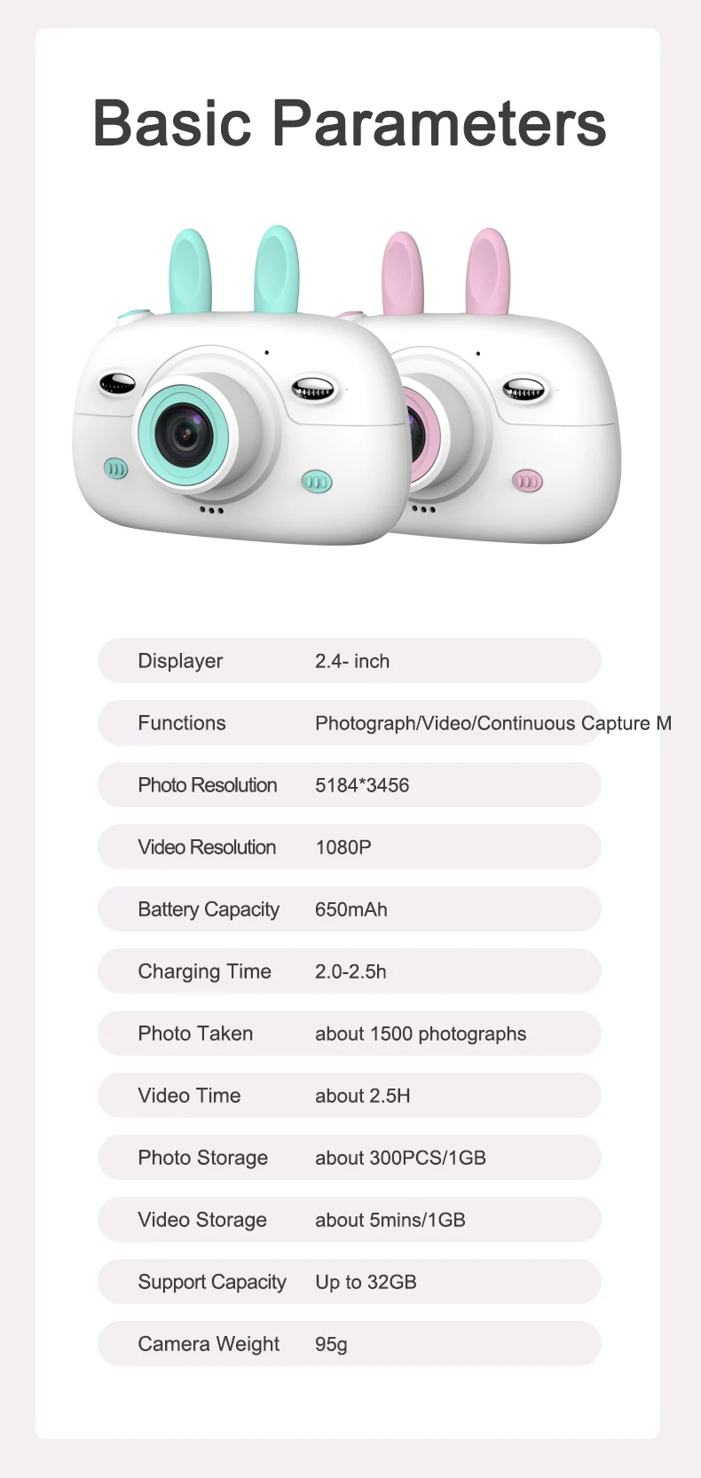 Cute A3 Kids Camera Toys 2.4 inches Digital Kids Camera Front Camera 800w Pixels Double-flashlight Support 32G