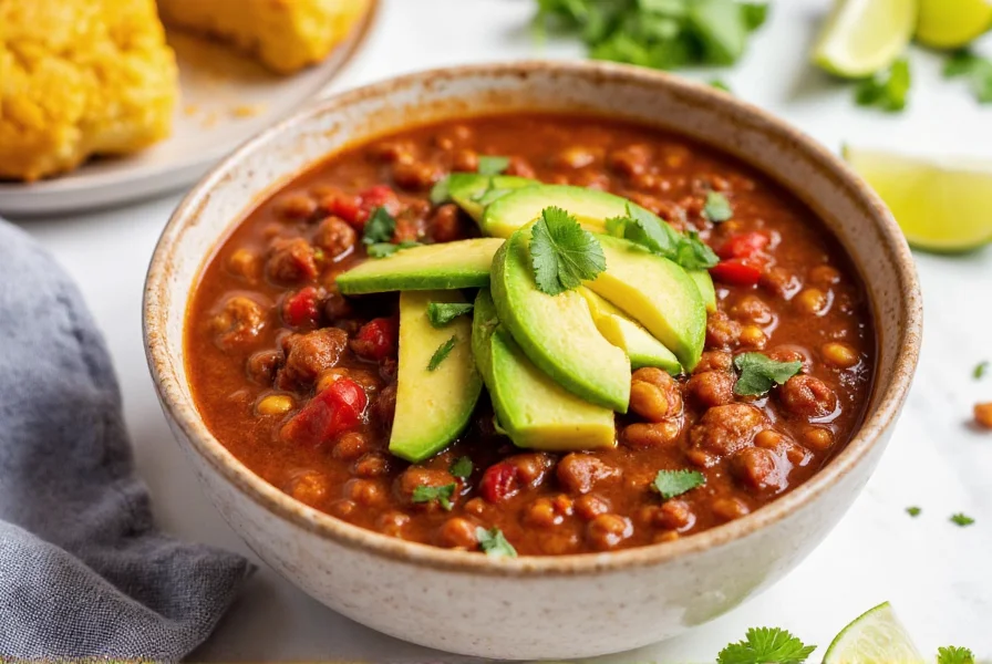 Finished bowl of turkey chili topped with avocado, cilantro, and lime wedges served with cornbread