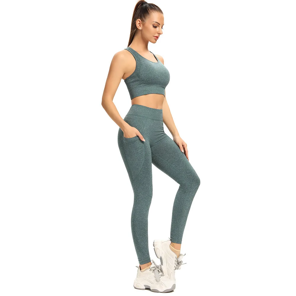 

TZ1531 acid wash denim buttery soft stretchy seamless high support womens racer back sports bra and legging sets with pockets