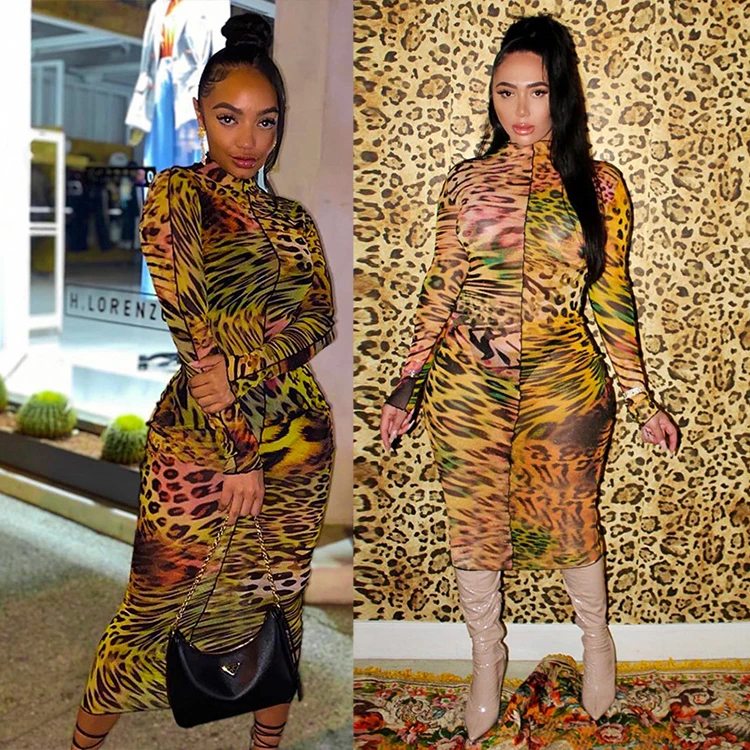 Wholesale Fashion Leopard Bodycon Sexy Fall And Winter Long Sleeves Women Maxi Dress Woman Casual Dresses