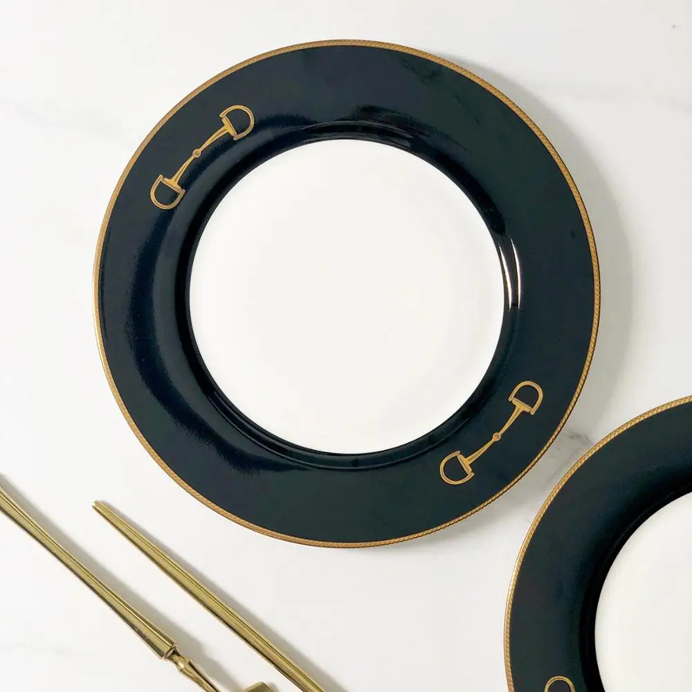 

Restaurant dinner sets ceramic plates dishes gold rim black wedding plates