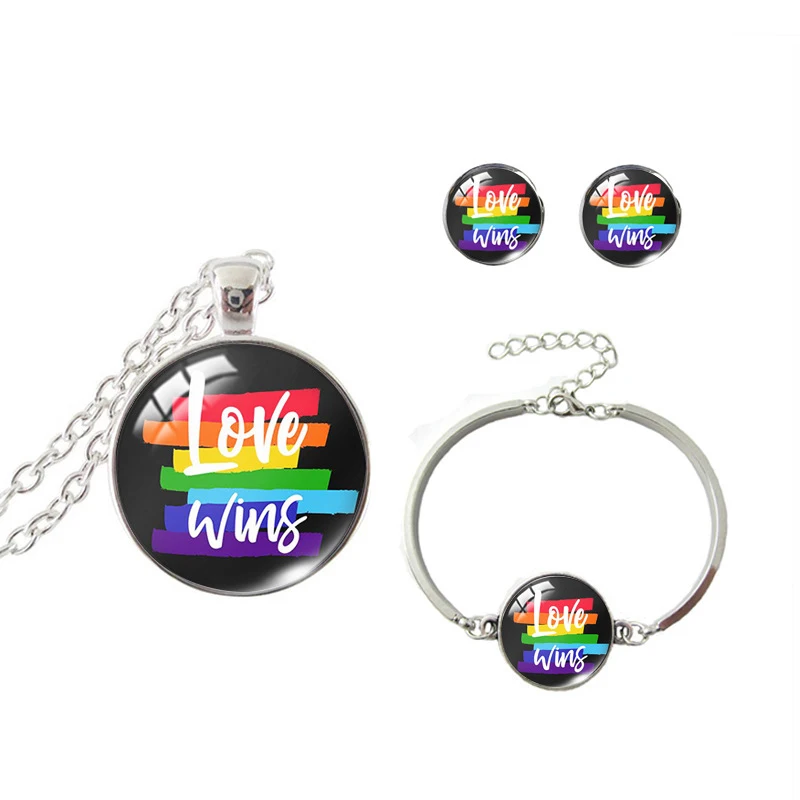 

Hot Sale glass dome Lgbt Rainbow Bisexual Earrings Necklace Gay Pride Bracelet Lgbt Flag Jewelry Set For Women